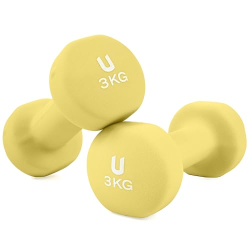 unycos - Par de Mancuernas Antideslizantes de Neopreno, Pesas【3 kg】Ergonómicas con Diseño Redondo y Anti-Rodadura, Resistentes, Ideales para Entrenamiento de Fuerza y Gimnasio en Casa (Amarillo)