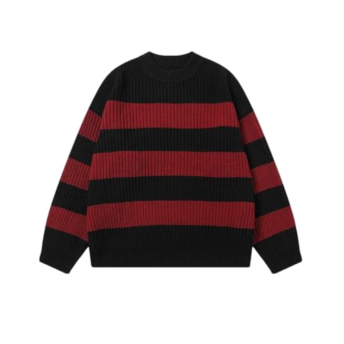 Men Striped Knit Sweater Crew Neck Harajuku Warm Lightweight Loose Casual Pullover Jumpers