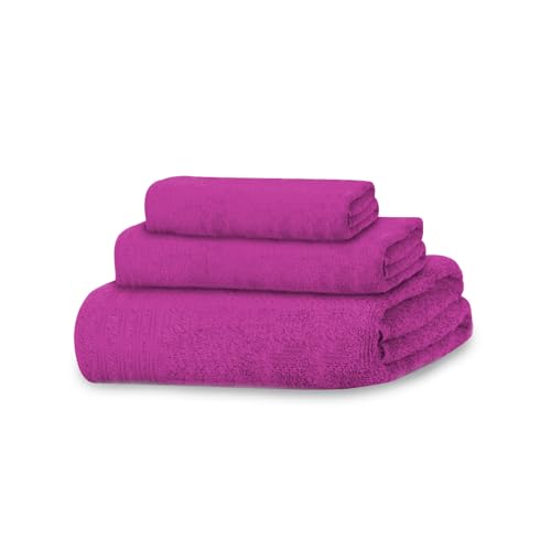 MERCURY TEXTIL- Juego de 3 Toallas 100% Algodón de 450gsm Suaves y Resistentes, 1 Toalla de Baño, 1 Toalla de Mano y 1 Toalla de bidé (Fucsia)