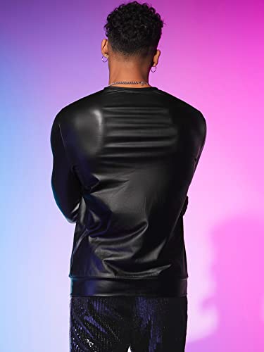 WDIRARA Men's Round Neck Long Sleeve PU Leather Sweatshirt Party Club Pullovers2