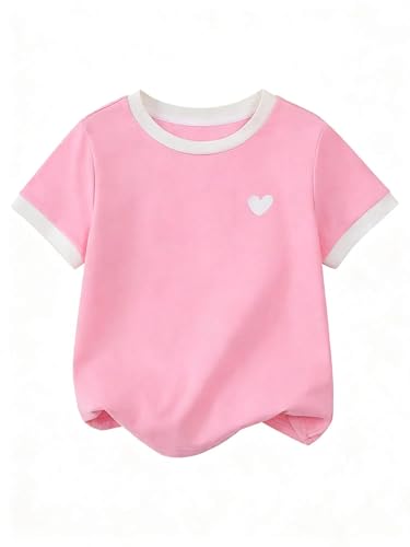 Ecolala Girls Shirts Short Sleeve Summer Tops Color Block Cute Heart Print Graphic Tee Red White 9-10 Years