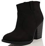 Soda Women's Albert Faux Suede Cowboy Pull-Tab Stacked Heels Ankle Booties,Black,8