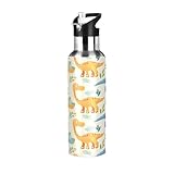 OWFKAY Botella de agua térmica de acero inoxidable con aislamiento al vacío, con asa, tapa con pajilla, a prueba de fugas, térmica, de metal, con dinosaurio, amarillo y azul