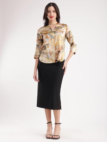 Image of FableStreet Women Shirt Work & Casual | Relaxed Fit Mandarin V-Neck Three-Quarter Sleeves Solid Pattern | Breathable Woven Fabric for Office & Everyday Wear