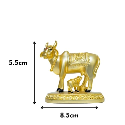 Image of Gold Matte Kamdhenu Cow with Calf Idol | Small Size Gold-Plated Holy Cow & Calf Statue | Divine Symbol of Wealth & Abundance | Festival & Housewarming Gift | Size 8.5cm x 5cm x 5.5cm
