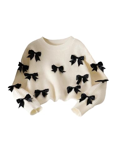 SHENHE Girl's Bow Sweater Crew Neck Long Sleeve Chunky Knit Cropped Sweater Pullover