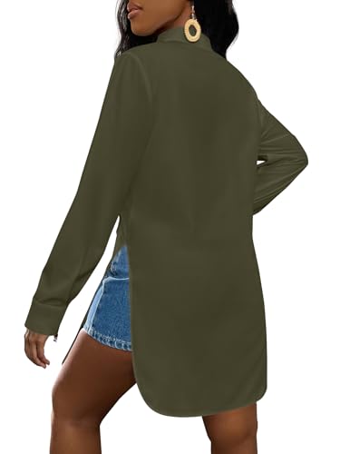 Image of LYANER Women's Collar Neck Long Sleeve Button Down Shirts Sexy Split Hem Tops Long Blouse Shirt Dress