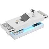 HOMCOM Couchtisch Wohnzimmertisch Hochglanz mit 12-Farbiger LED Beleuchtung Modern Beistelltisch mit 2 Schublade, offenem Regal Kaffeetisch für Wohnzimmer 120 x 50 x 42 cm, Weiß