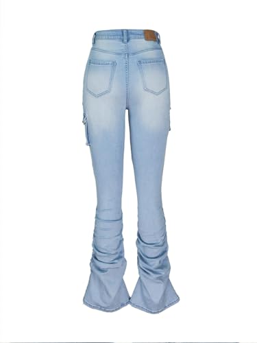 Women's Stacked Flare Jeans Mid Rise Denim Bootcut Stretchy Denim Cargo Pants Trousers with Pockets4