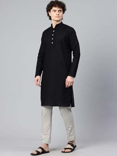 Image of Majestic Man Men's Cotton Regular Fit Casual Mandarin Collar Ethnic Motifs Solid Long Kurta