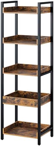 Rolanstar Bookshelf, 5-Tier Storage Rack, Narrow Corner Bookshelf, Display Wooden Shelves for Living Room, Bathroom, Balcony, Kitchen,Rustic Brown