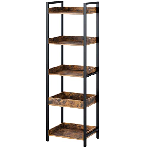 Rolanstar Bookshelf, 5-Tier Storage Rack, Narrow Corner Bookshelf, Display Wooden Shelves For Living Room, Bathroom, Balcony, Kitchen,Rustic Brown #TOP15