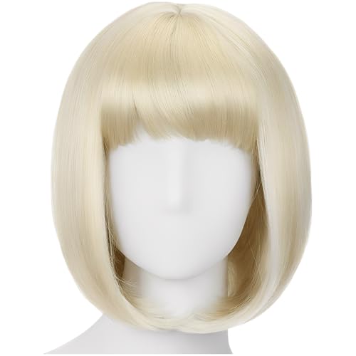 Miodowy blond peruka bob z grzywką, 30 cm, przyjazne dla ciepła, włókno syntetyczne, realistyczna skóra głowy, peruka do kostiumu cosplay, dla kobiet, do noszenia na co dzień