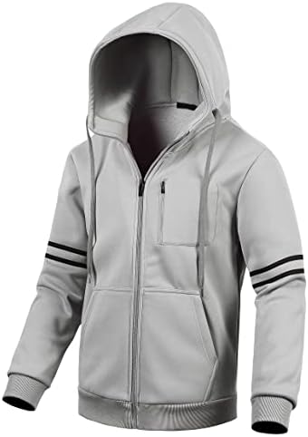Chrisuno Mens Slim Fit Solid Color Hooded Full Zip Sweatshirt Active Fleece Hoodie Sports Wear Coat Light Grey 2XL