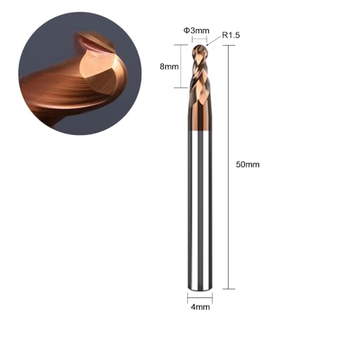 ASNOMY 2 Stück VHM Radiusfräser Kugelkopffräser - Ø3mm, AlTiN Beschichtung HRC 55, Hartmetall-Kugelkopffräser, 2 Zähne CNC-Gravierfräser für Metall