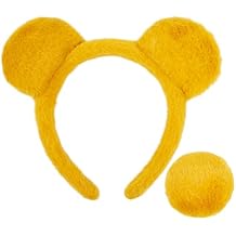 Huachi Yellow Bear Ears Headband and Tail Halloween Costume Accessories for Women Adult, Cute Plush Bear Costume Headband