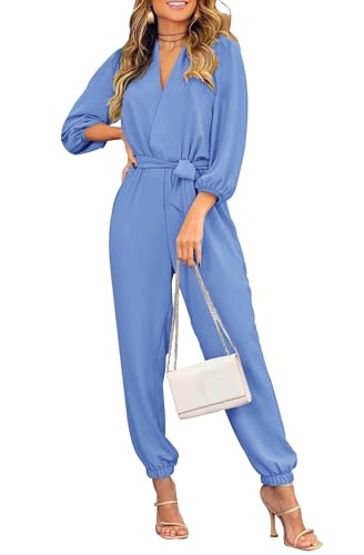 PRETTYGARDEN Women's Fall Jumpsuits Dressy Casual Pants Romper Spring Long Sleeve V Neck Belt Pockets One Piece Outfits
