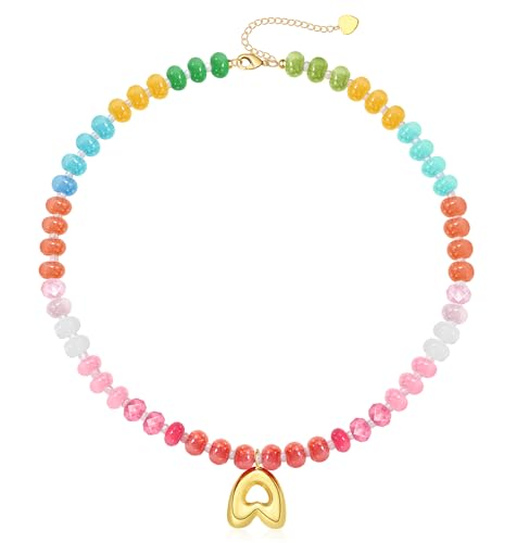 Initial Necklaces for Women, Beaded Necklaces for Women with Bubble Necklace Letter Stocking Stuffers for Teens Trendy Stuff Colorful Gemstone Choker 14k Gold Letter A-Z Pendant Summer Beach Christmas Birthday Jewelry for Her Girlfriend Sister