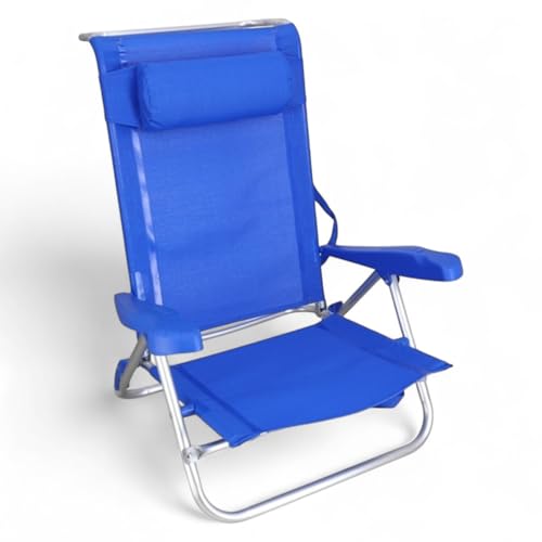 Pincho Silla Playa Plegable Ligera, Reclinable Azul con Cojin, Estructura Aluminio Resistente y Ligera, Asiento Bajo Comodo, Diseno Plegable con Reposabrazos – Ideal Verano y Jardin