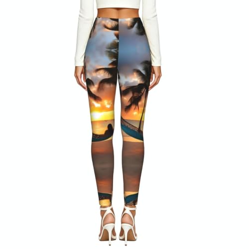 Leggings de compresión suave transpirables con diseño de atardecer tropical y playa de cocoteros 3