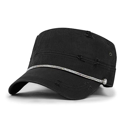 Image of ililily Crystal Gemstone Stud Flower Vintage Cotton Military Army Hat Cadet Cap