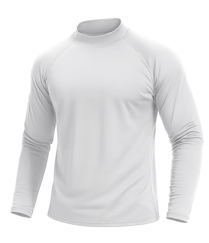 TACVASEN Mens Long Sleeve Thermal Shirt Mock Turtle Neck Fleece Lined Winter Top Cold Weather Warm Base Layer Athletic Outdoor Undershirt White L