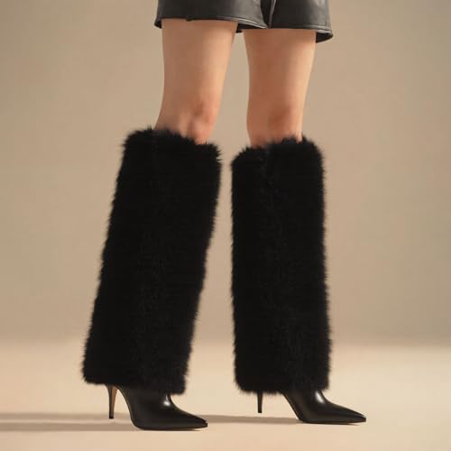 Womens Knee High Fur Boots Pointed Toe Fuzzy High Heel Dressy Fold Over Tall Boot for Women3