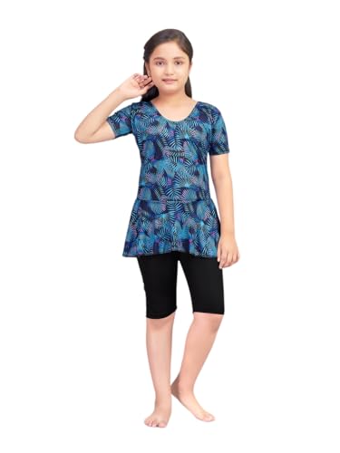 Image of Aarika Girls Sports Wear Blue Colour Leaf Print Nylon Swim Suit