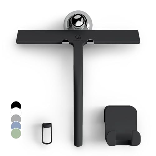 GÜTEWERK Silicone Shower Squeegee for Glass Doors & Mirrors with Stainless Steel Core, Streak-Free & No-Squeak Window Cleaning, 3-in-1 No-Drill Mount (Hook/Suction/Adhesive), Black, 9''