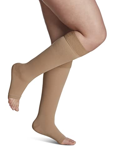 Image of SIGVARIS Men's & Women's Essential Opaque 860 Open Toe Calf-High Socks w /Grip Top 30-40mmHg - Light Beige - Large Long