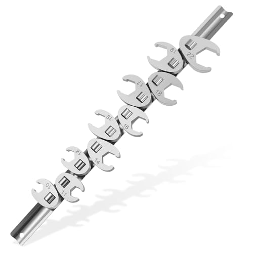 saerryor 3/8" Flare Nut Wrench Set,10-Piece Metric Crowfoot Wrench Tool Kit (10-22mm) with Clip-On Organizer for Nut Removal & Automotive Repair
