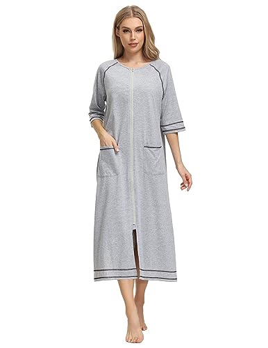 Image of Veseacky Women Robe Zipper Front House Coat 3 /4 Sleeve Nightgown Full Length Ladies Lounge Dress with Pockets S-XXL