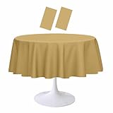 RINDOJIN 2 Pack Gold Round Tablecloth 84 x 84 Inch Circle Plastic Table Cover Disposable Table Cloth for Baby Shower Wedding Birthday Party Picnic Round Gold Tablecloth