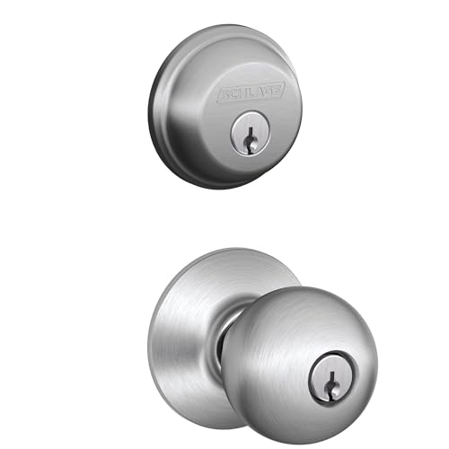 Schlage FB50CS V ORB 626 B60 Single Cylinder Deadbolt and F51 Keyed Entry Orbit Knob Keyed Alike, Satin Chrome Finish