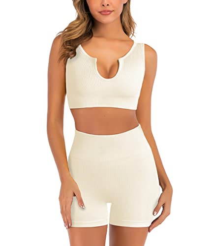 Two-Piece Sets Active Wear Outfits - Workout Set Biker Shorts Sets Sexy Cropped Work Out Tops Seamless