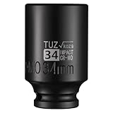 TUZkozs 1/2-Inch Drive 34mm Deep Impact Socket with 6-Point Design, Heat-Treated Chrome Molybdenum Alloy Steel, Metric，Hex Deep Socket