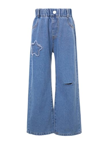 easyforever Kids Girls Wide Leg Denim Pants Star Patch Ripped Jeans Elastic Waist Casual Distressed Denim Trousers4