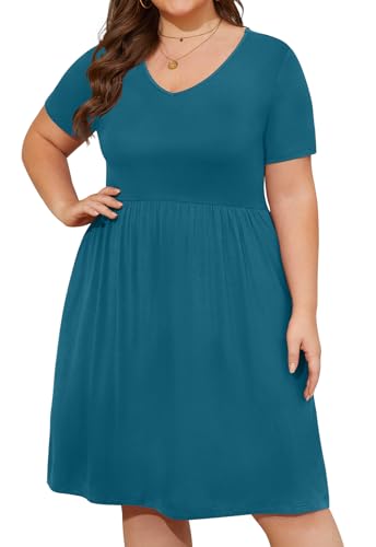 Image of DB MOON Women Plus Size Dresses 2026 Summer Casual V Neck Short Sleeve Knee Length Dress with Pockets