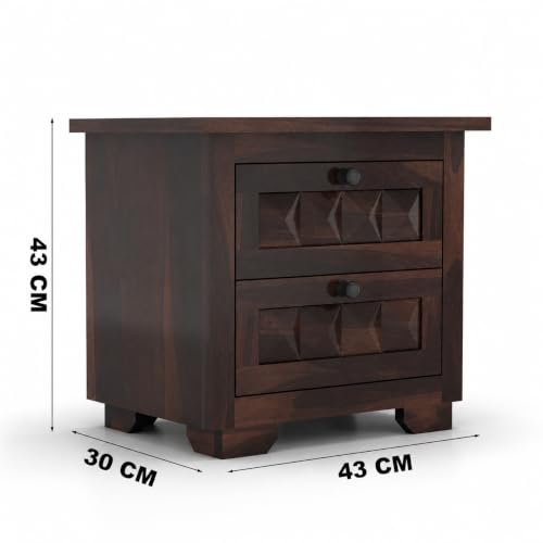 Image of Solid Sheesham Wood Bedside Table for Bedroom | Handmade Pure Wooden Bed Side Nightstand End Table with 2 Drawers Storage for Home & Bed Room | Rosewood, Walnut