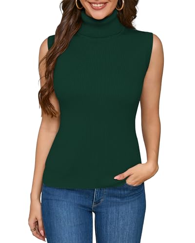 ALFYRCFT Sleeveless Turtlenecks for Women Mock Turtle Neck Ribbed Knit Pullover Sweater Vest Tank Tops Casual Stretchy 2025 Green M