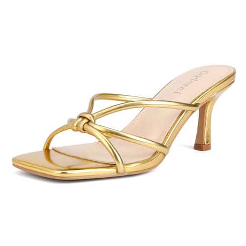 Kitten Strappy Heels for Women Knotted Square Open Toe Slip On Mule Heels Mid Heeled Sandals