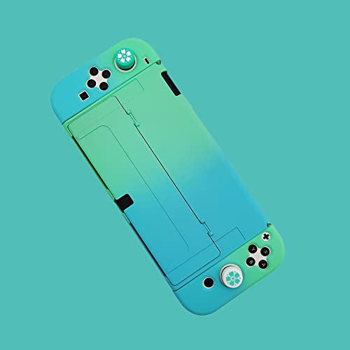 Protective Case for Nintendo Switch OLED (Model 2021), Dockable Switch OLED Case Flip Cover Case for Switch OLED and Joy-Con Controller with 2 Thumb Grip Caps -Blue+Green