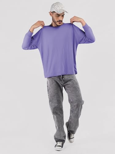 Image of CHKOKKO Men's Polyester Oversized Fit Oversized Solid Round Neck Full Sleeve Tshirts