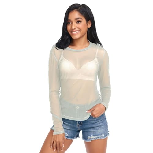 UMIRIKO Women's Long Sleeve Sheer Mesh Tops Tee Shirt Blouse Beige