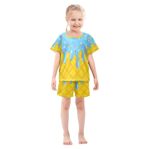 ALAZA Yellow Blue Ice Cream Pajamas Set Short Sleeve Cotton Sleepwear Summer Pjs 2 Piece 5-14Y3