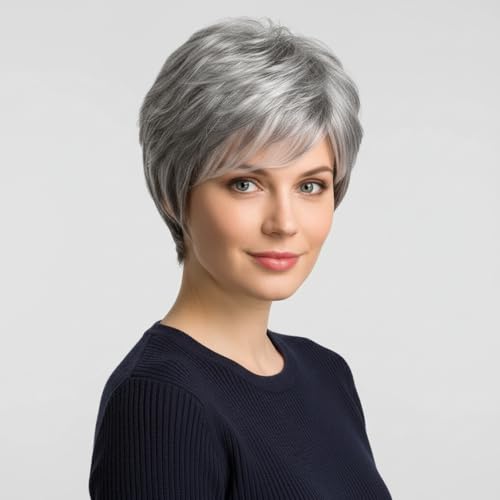 Perruque cheveux humains courts gris solution alopécie et confort - 4