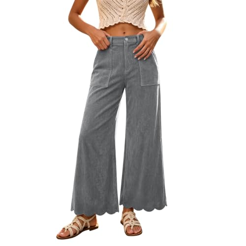 Womens Corduroy Pants Scalloped Hem Baggy Wide Leg Pants Loose Trousers - image 1