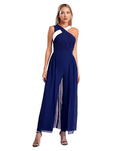 MSemis Mono de Fiesta para Mujer Vestido de Gasa Elegante Mono de Pierna Ancha Sólido con Tul Superposición Mono de Noche Cóctel Negocios S-3XL Azul marino L