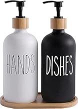 Glass Soap Dispenser Set, Kitchen Hand and Dish Soap Dispensers with Wooden Base, Black and White, 2-Piece