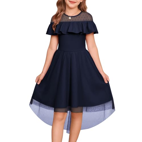 GRACE KARIN Mädchen Elegant Mesh Ballkleid A-Linie Rüschen Festlich Hochzeit Kleid Marineblau 12 Jahre
